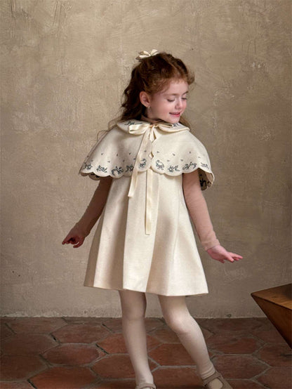 Ribbon embroidered cape + box pleated dress set (2-piece set) [mh0011452]