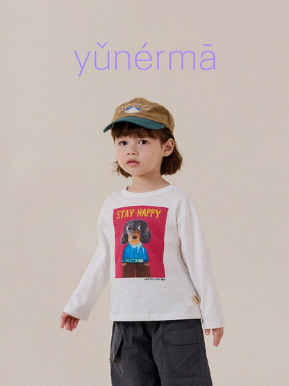キッズ長袖Tシャツ（ホワイト）ドッグプリントのフロント