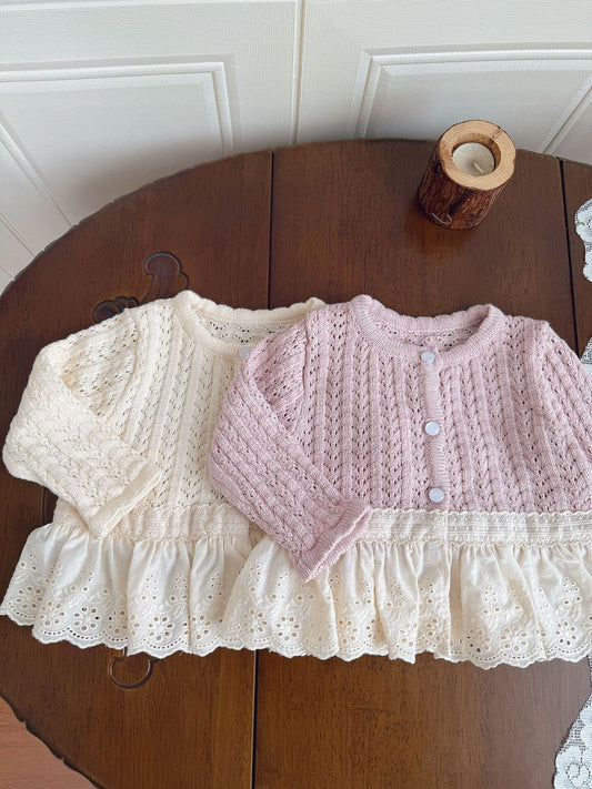 Lace Trimmed Cutout Knitted Cardigan レース切替 透かし編み ニット カーディガン【mh0012156】