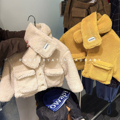 -シープボアジャケット 2点セット もこもこアウター ビッグポケット マフラーセット【mh0011408】 - mamahalo shop - ショートコート・ジャケット・ジャンパー -  べビー服 - 子供服 - 男の子 - 女の子