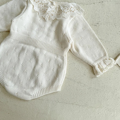-花柄レース襟付き長袖ニットロンパース【mh0011150】 - mamahalo shop - 長袖ロンパース -  べビー服 - 子供服 - 男の子 - 女の子