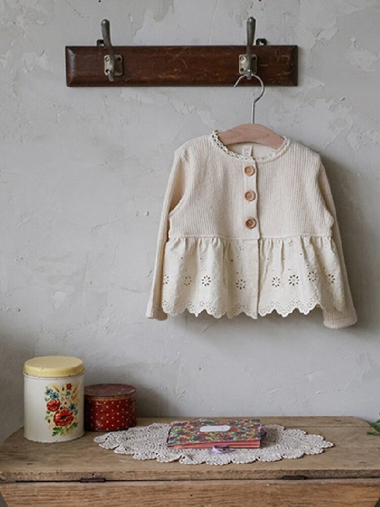 キッズ ジュニア ペプラム 花柄刺繍 レース切替 ニット カーディガン【mh0014799】