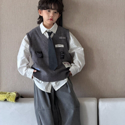 Camisa de manga larga con corbata, chaleco de punto con parche y pantalón ancho para niños y jóvenes 【mh0014435】