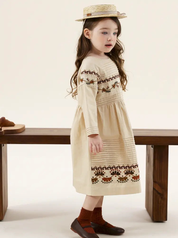 -長袖ワンピース 麻混素材 刺繍 ボヘミアン ギャザー フレア 森ガール【mh0011303】 - mamahalo shop - 長袖ワンピース -  べビー服 - 子供服 - 男の子 - 女の子
