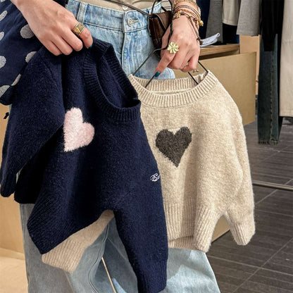長袖ニット ハート柄プルオーバー クルーネック ゆるシルエット【mh0011432】