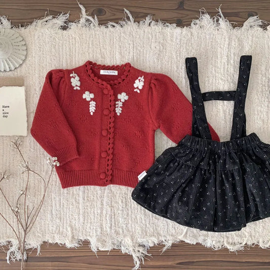 -フラワー刺繍ニットフリルカーディガン / サスペンダースカート【mh0011171】 - mamahalo shop - 長袖セットアップ -  べビー服 - 子供服 - 男の子 - 女の子