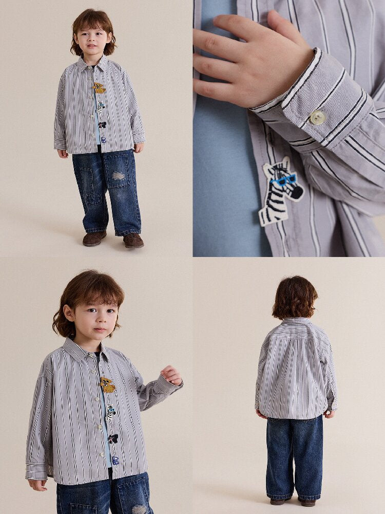 Camisa de manga larga con estampado de rayas y parches de animales para niños y jóvenes [mh0014244]