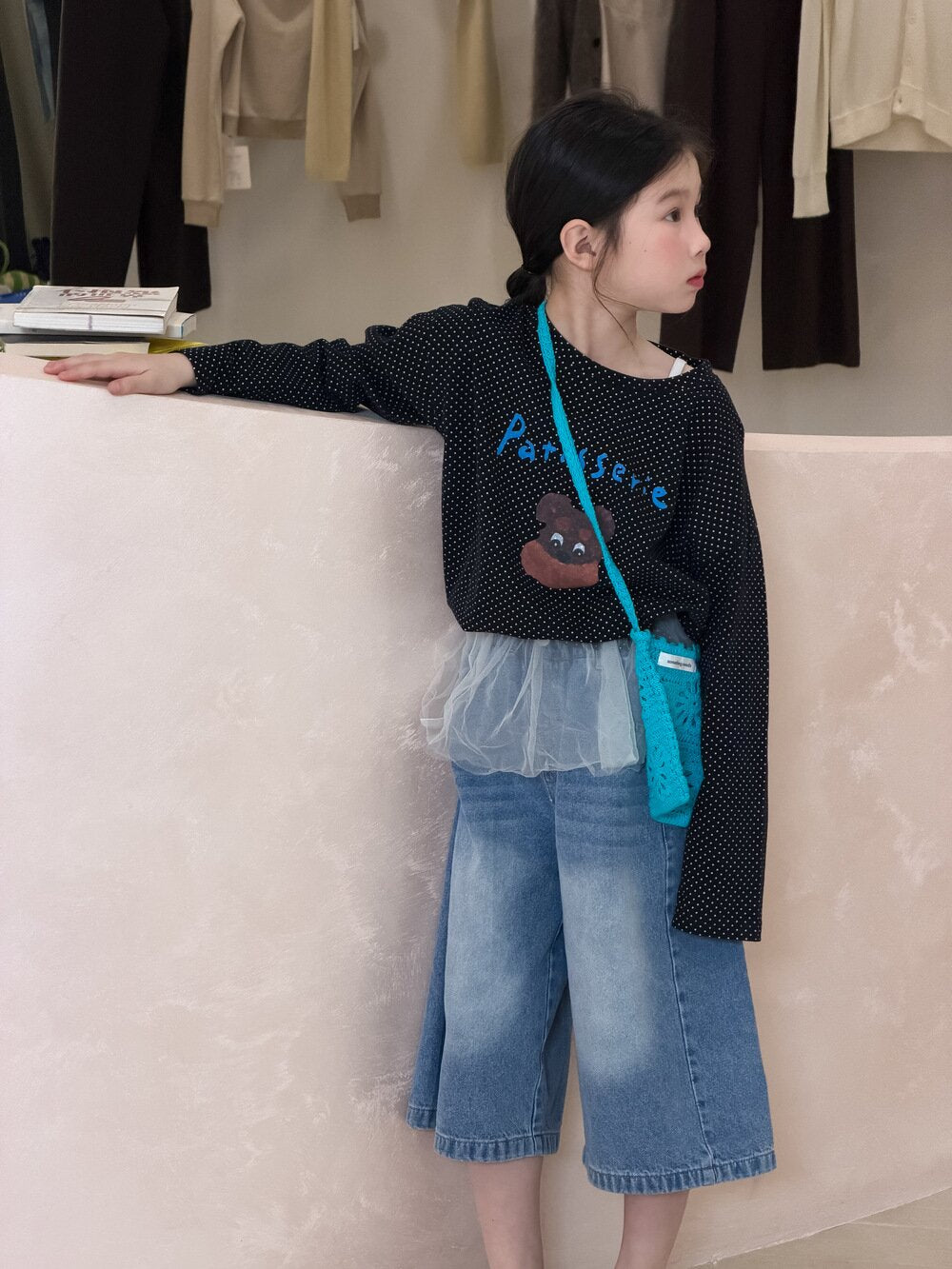 Polka Dot Cartoon Letter T-Shirt ドット柄キャラクター長袖Tシャツ【mh0012106】