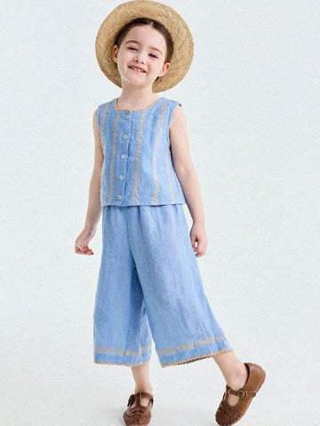 Embroidered Linen Vest and Pants Set ノースリーブ トップス ロングパンツ【mh0013182】