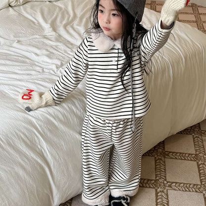 長袖ボアトップス+ロングパンツ 裏起毛ボーダー セットアップ 2点セット【mh0011458】