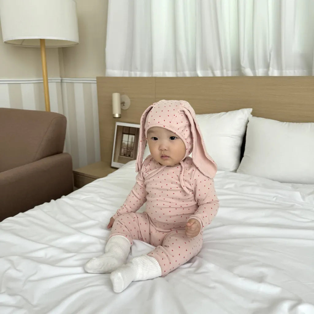 -ハートプリントトップス+レギンスセット うさ耳帽子 3点セット【mh0011177】 - mamahalo shop - 長袖セットアップ -  べビー服 - 子供服 - 男の子 - 女の子