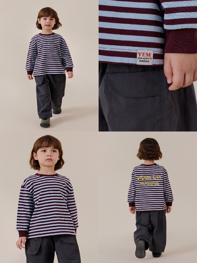 キッズ ジュニア ボーダー柄 チェーン刺繍 長袖Tシャツ【mh0014264】