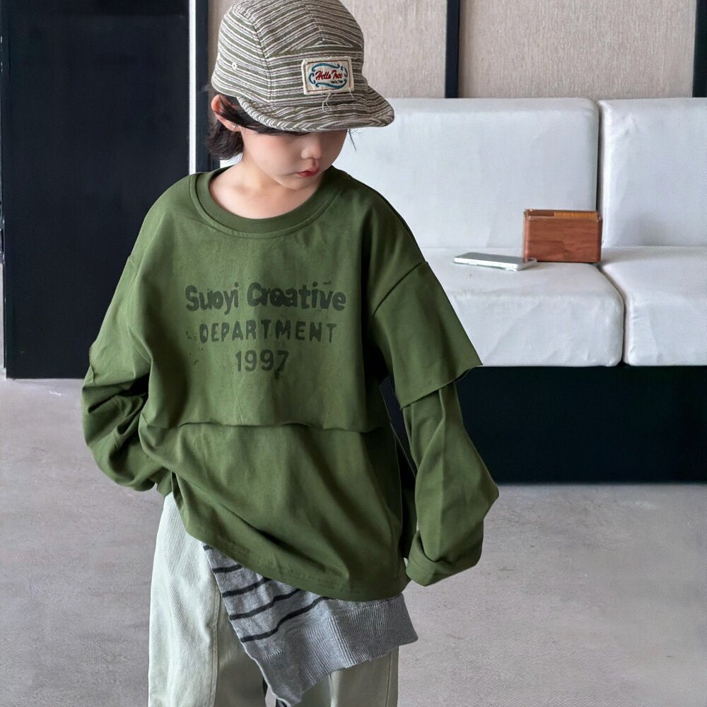 キッズ ジュニア 英字プリント フェイクレイヤード 長袖Tシャツ ワイド デニムパンツ【mh0014437】