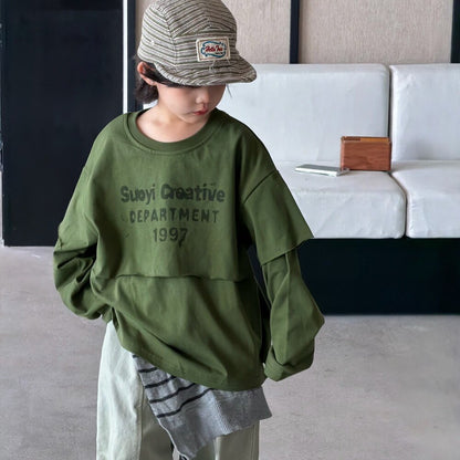 キッズ ジュニア 英字プリント フェイクレイヤード 長袖Tシャツ ワイド デニムパンツ【mh0014437】