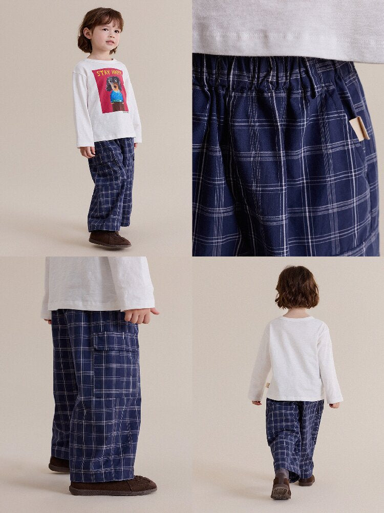 キッズ ジュニア チェック フラップポケット ワイド ロングパンツ【mh0014235】