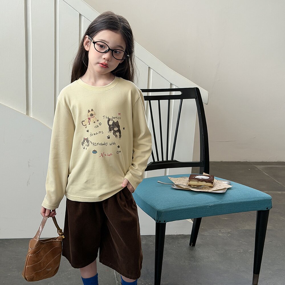 キッズ ジュニア キャットプリント 長袖Tシャツ【mh0014430】