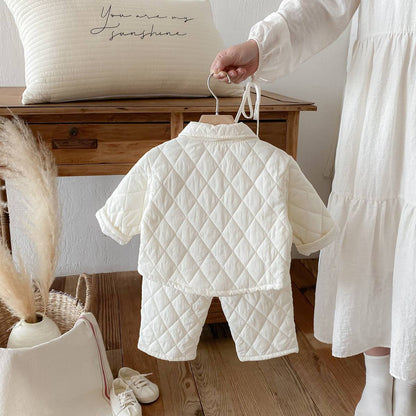 -長袖キルティングジャケット+パンツ セットアップ 2点セット 防寒 中綿ダイヤ柄【mh0011387】 - mamahalo shop - 長袖セットアップ -  べビー服 - 子供服 - 男の子 - 女の子
