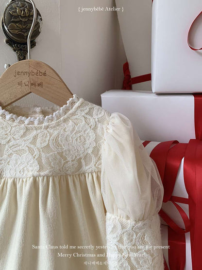 長袖ロンパース レースヨーク パフスリーブ パフボトム ボディスーツ【mh0011545】