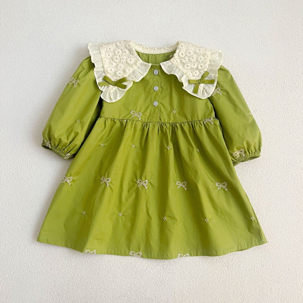ベビー キッズ リボン柄 刺繍 レース襟 長袖ワンピース ロンパース【mh0014446】