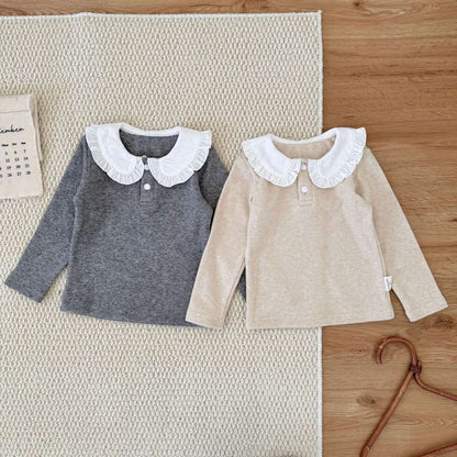 長袖Tシャツ フリル襟 フライス 裏起毛 リブTシャツ【mh0011508】