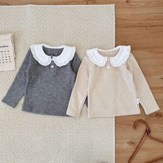 Long-sleeved T-shirt with a ruffled collar, ribbed fleece lining, and a ribbed hem [mh0011508]