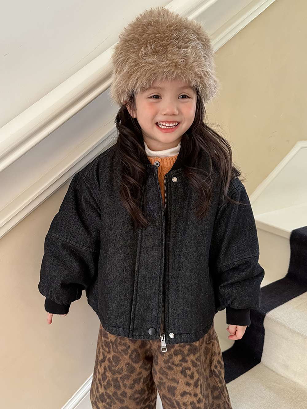 長袖デニムブルゾンジャケット | 中綿入り裏地付き | リブ袖 | 厚手冬アウター【mh0011469】