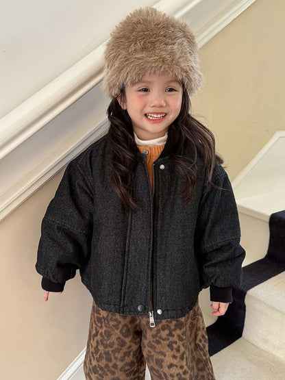 長袖デニムブルゾンジャケット | 中綿入り裏地付き | リブ袖 | 厚手冬アウター【mh0011469】