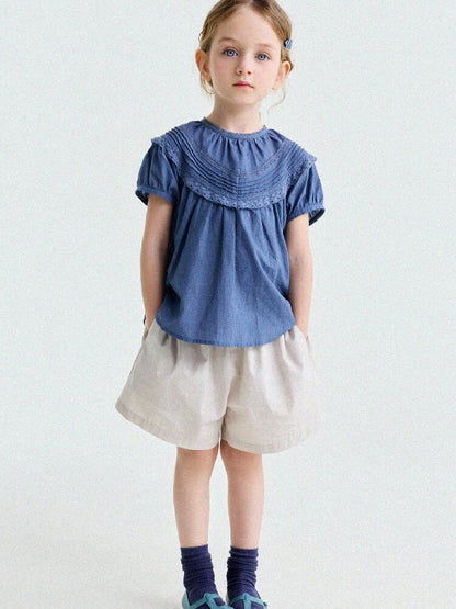 French Lace Puff Sleeve Cotton Shirt レース 半袖ブラウス【mh0013200】