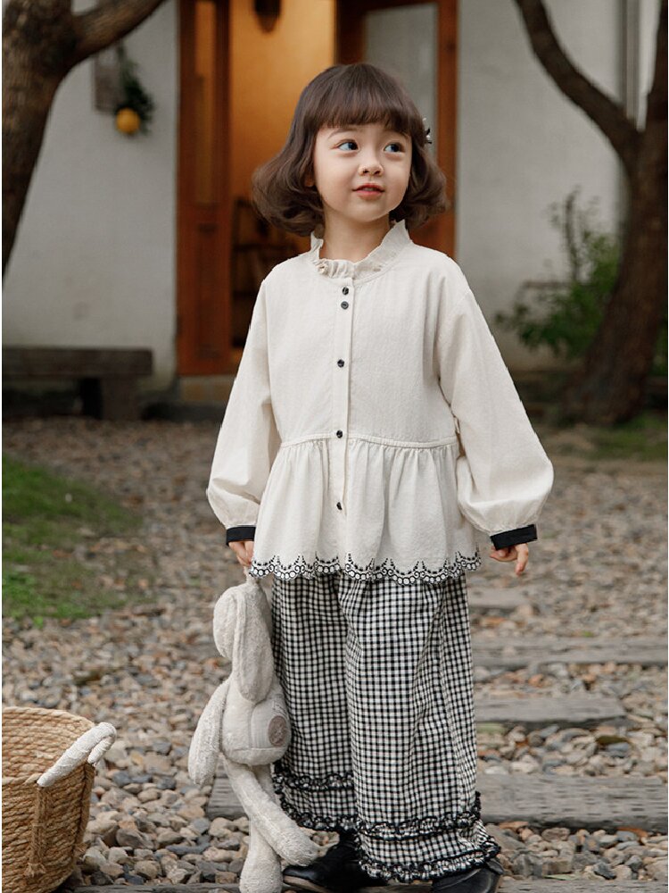 Embroidered Blouse Gingham Pants 裾刺繍 ブラウス ギンガム パンツ セットアップ【mh0012727】