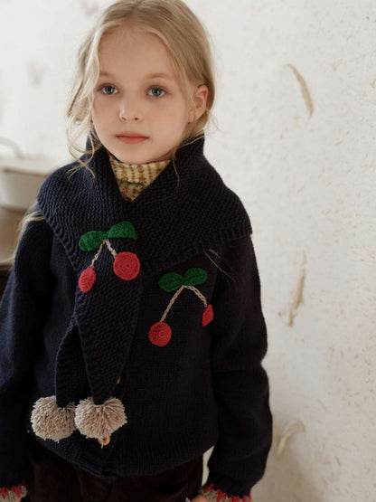 Long-sleeved cardigan with cherry crochet pattern and knit buttons, lightweight wool [mh0011554]