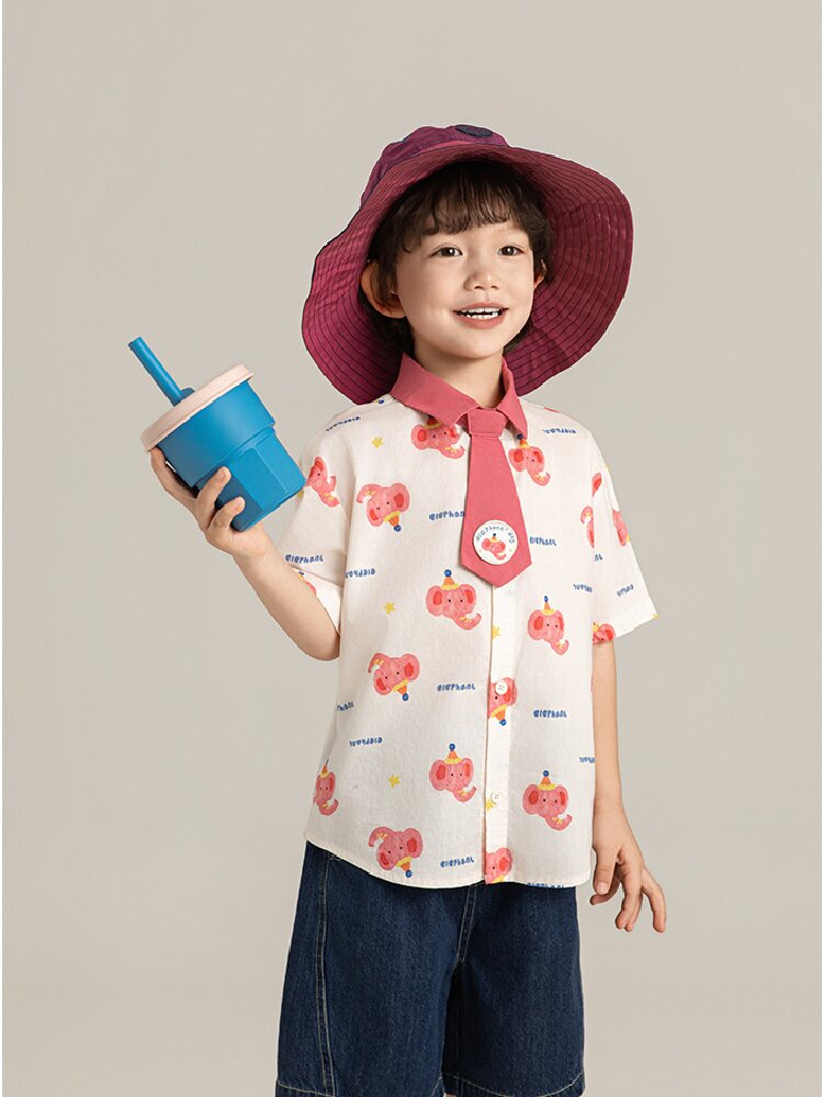 Elephant Whale Shirt ネクタイ付 アニマル 半袖シャツ【mh0012735】