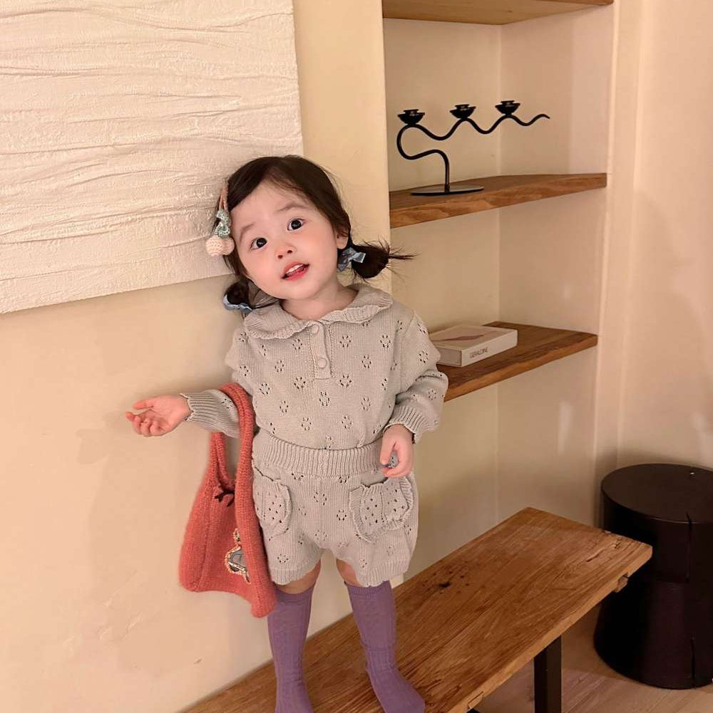 長袖ニットトップス+ショートパンツ 透かし編み レース襟付き セットアップ 2点セット【mh0011511】