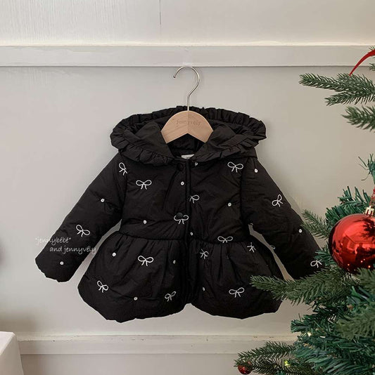 長袖アウター 中綿ダウンジャケット リボン柄 フード付き ペプラム ブルゾン【mh0011539】