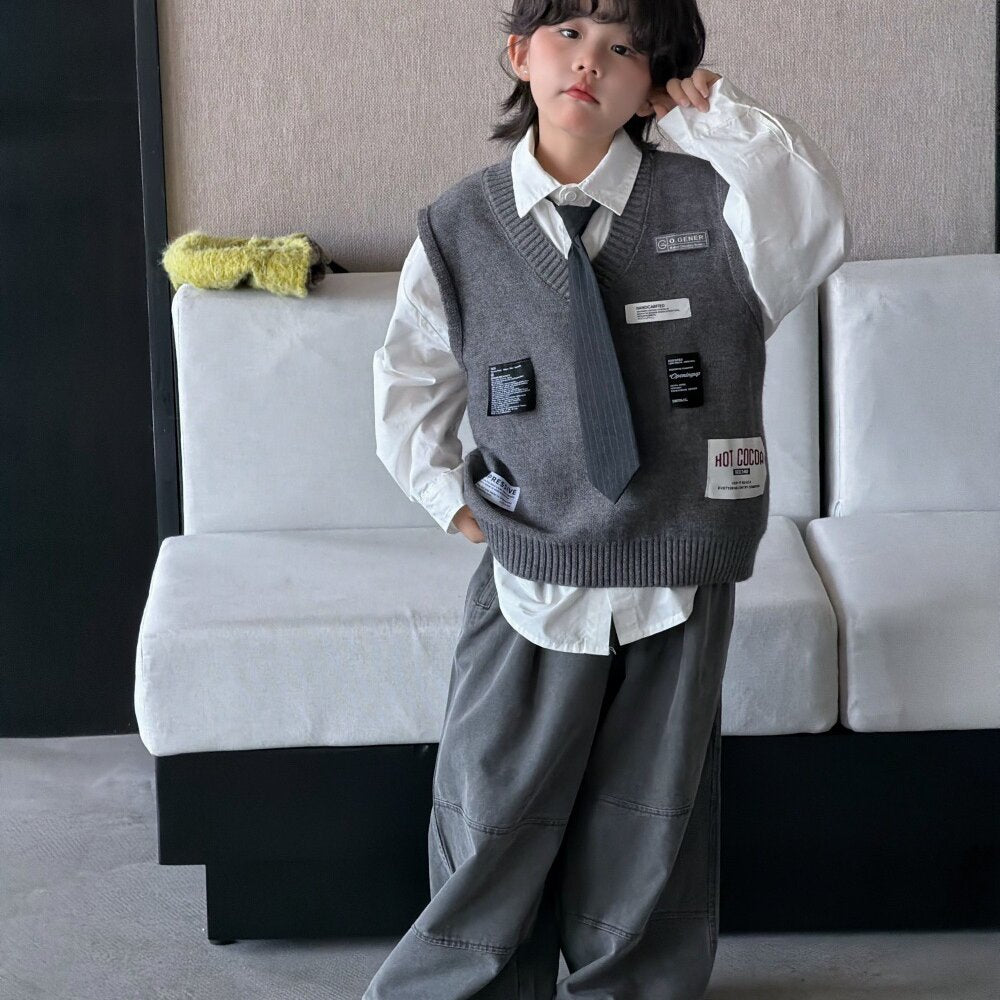 Camisa de manga larga con corbata, chaleco de punto con parche y pantalón ancho para niños y jóvenes 【mh0014435】