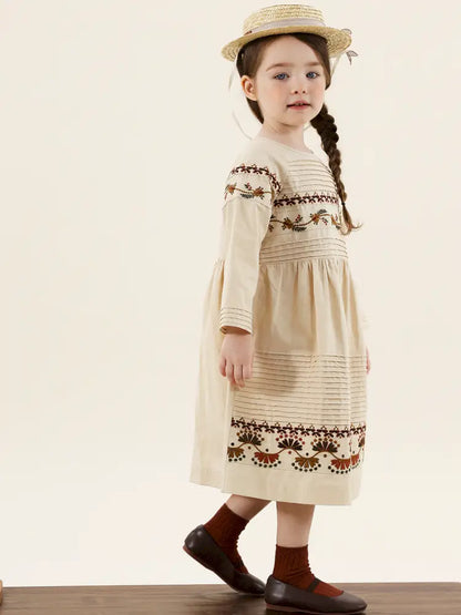 -長袖ワンピース 麻混素材 刺繍 ボヘミアン ギャザー フレア 森ガール【mh0011303】 - mamahalo shop - 長袖ワンピース -  べビー服 - 子供服 - 男の子 - 女の子