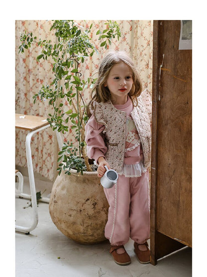 【mh0014801】2026 Otoño Nuevo Strawberry Shan Coreano Niños Niñas Elegante Encaje Holgado Versátil Casual Deportes Pantalones de Chándal