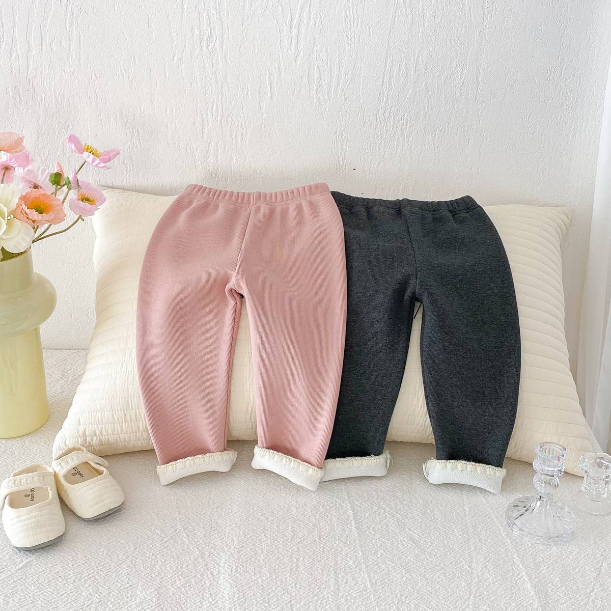 -ロングレギンスパンツ リブ生地 裏ボア あったか 裾メロウフリル スリムフィット【mh0011394】 - mamahalo shop - レギンスパンツ -  べビー服 - 子供服 - 男の子 - 女の子