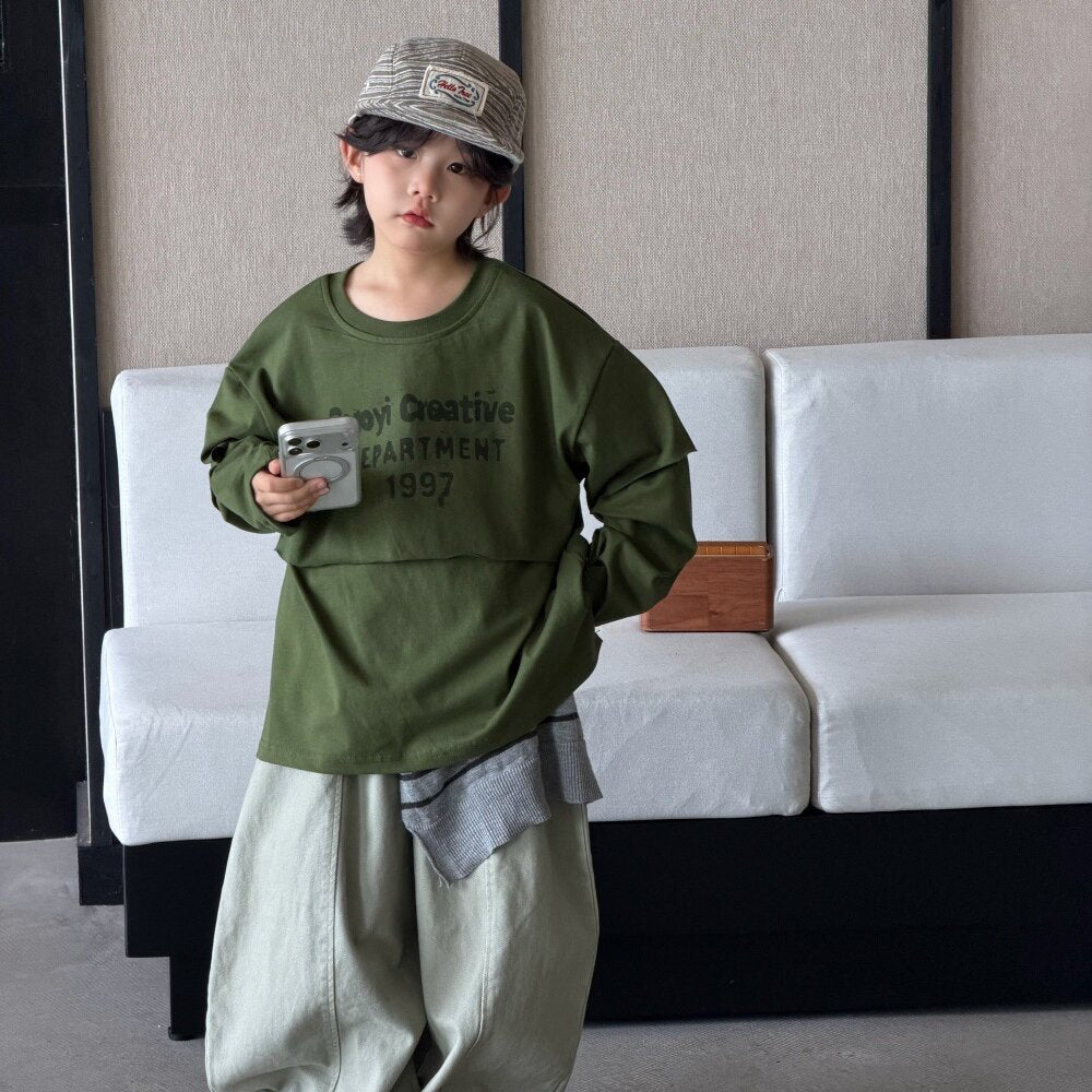 キッズ ジュニア 英字プリント フェイクレイヤード 長袖Tシャツ ワイド デニムパンツ【mh0014437】