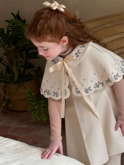 Ribbon embroidered cape + box pleated dress set (2-piece set) [mh0011452]