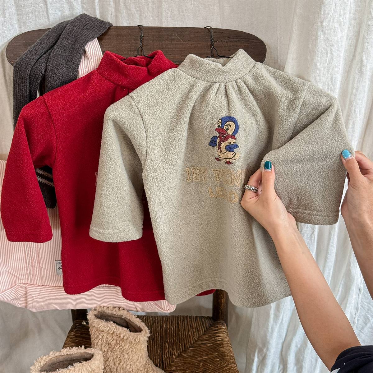 -長袖Tシャツ フリース素材 ハイネック ペンギン刺繍 プルオーバー【mh0011407】 - mamahalo shop - 長袖Tシャツ -  べビー服 - 子供服 - 男の子 - 女の子