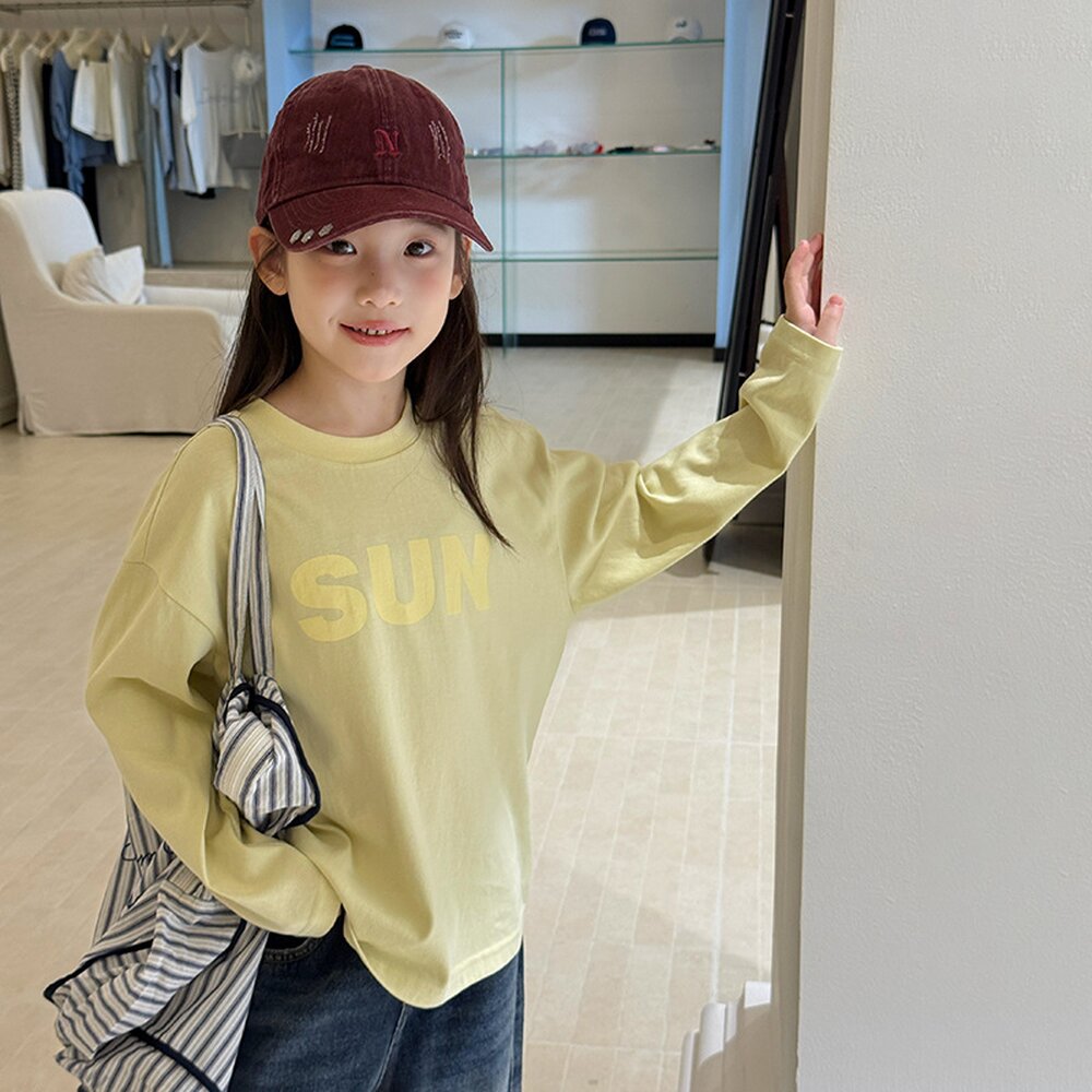 キッズ ジュニア 英字ロゴ プリント クルーネック 長袖Tシャツ【mh0014421】