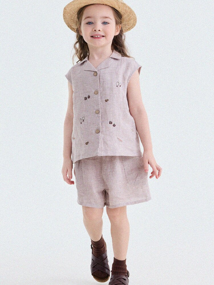 Embroidered Linen Sleeveless Shirt Shorts フルーツ刺繍 ノースリーブシャツ ショートパンツ【mh0013187】