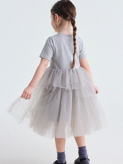 Short Sleeve Tiered Tulle Dress ドッキング 半袖ワンピース【mh0013183】
