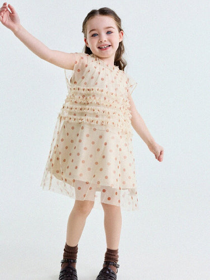 Polka Dot Ruffle Mesh Dress チュール フレンチスリーブワンピース【mh0013199】