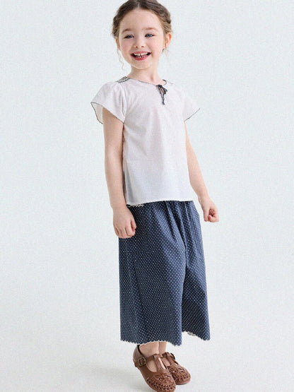 Embroidered Blouse and Polka Dot Pants スカラップ ドット柄 ブラウス ロングパンツ【mh0013194】