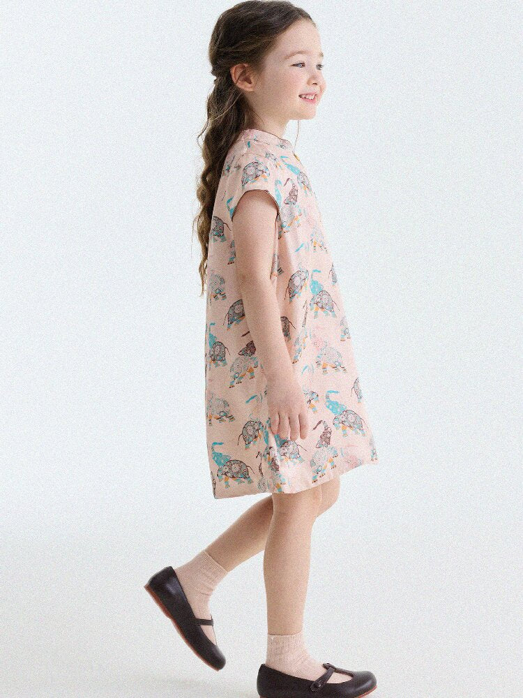Retro Rabbit Elephant Pattern Stand Collar Dress アニマルプリント 半袖ワンピース【mh0013174】