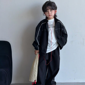 Conjunto de chaqueta con cremallera y líneas de colores y pantalón largo casual para niños y jóvenes【mh0014443】