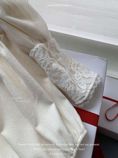 長袖ロンパース レースヨーク パフスリーブ パフボトム ボディスーツ【mh0011545】