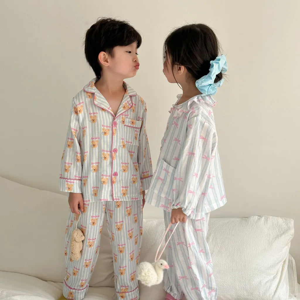 -ストライプくま/リボンプリント長袖パジャマセットアップ 2点セット【mh0011232】 - mamahalo shop - 長袖パジャマ -  べビー服 - 子供服 - 男の子 - 女の子