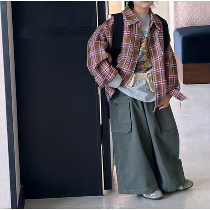 Camisa de manga larga con corte irregular, estampado a cuadros, camiseta de manga larga con letras estampadas y pantalón cargo para niños y jóvenes 【mh0014438】